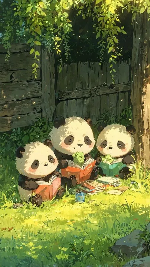 Ba chú gấu trúc ngồi sát nhau trên bãi cỏ cạnh bức tường đá cũ, nắng vàng rơi qua tán cây khiến ảnh nền đt Iphone này dịu mắt và rất hợp màn hình dọc