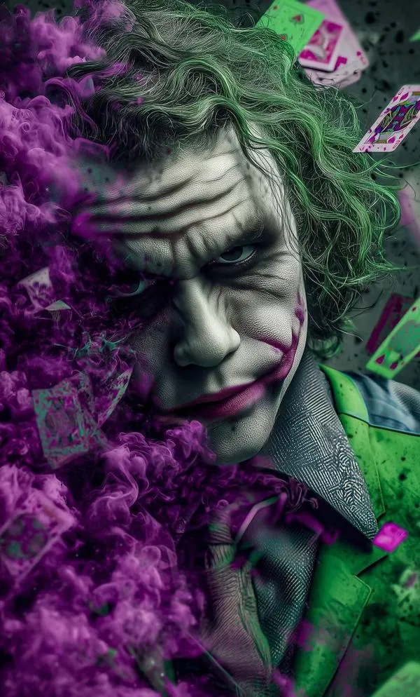 Hình nền chân dung Joker nghiêng nhẹ trong làn khói tím xanh, bọng mắt đậm và cái nhìn trĩu xuống khiến hình Joker chất này thiên về tông trầm hơn là dữ dội