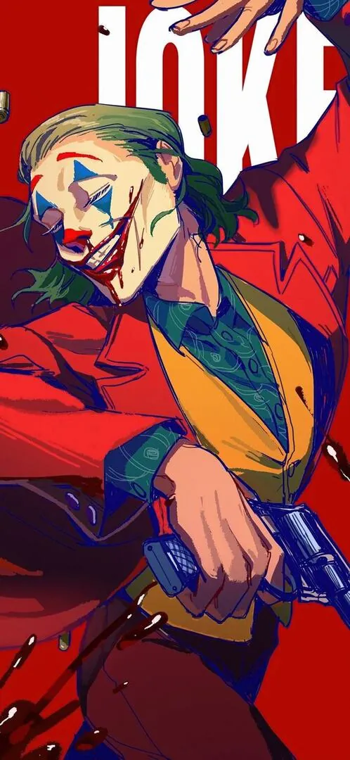 Ảnh nền phong cách minh họa đỏ cam đặt Joker ngồi co một chân, đầu tóc xanh và áo vàng bật lên trên nền chữ lớn, tạo cảm giác trẻ hơn và khá ngầu lòi