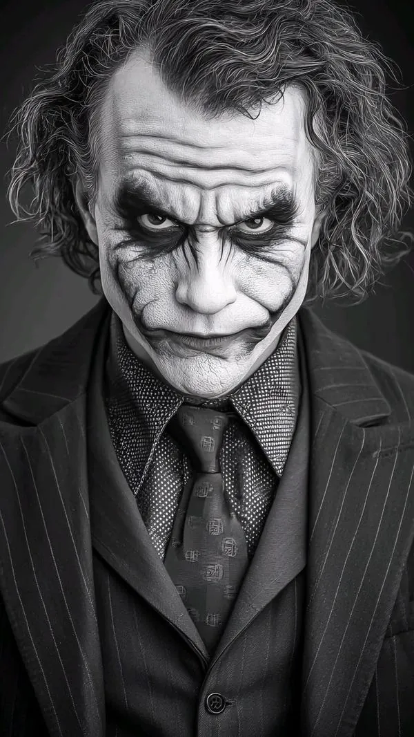 Chân dung đen trắng của Joker mặc vest tối và sơ mi cài kín, tóc rũ xuống trán cùng ánh mắt nhìn thấp làm khung hình HD giống ảnh hồ sơ của một kẻ phản diện mệt mỏi