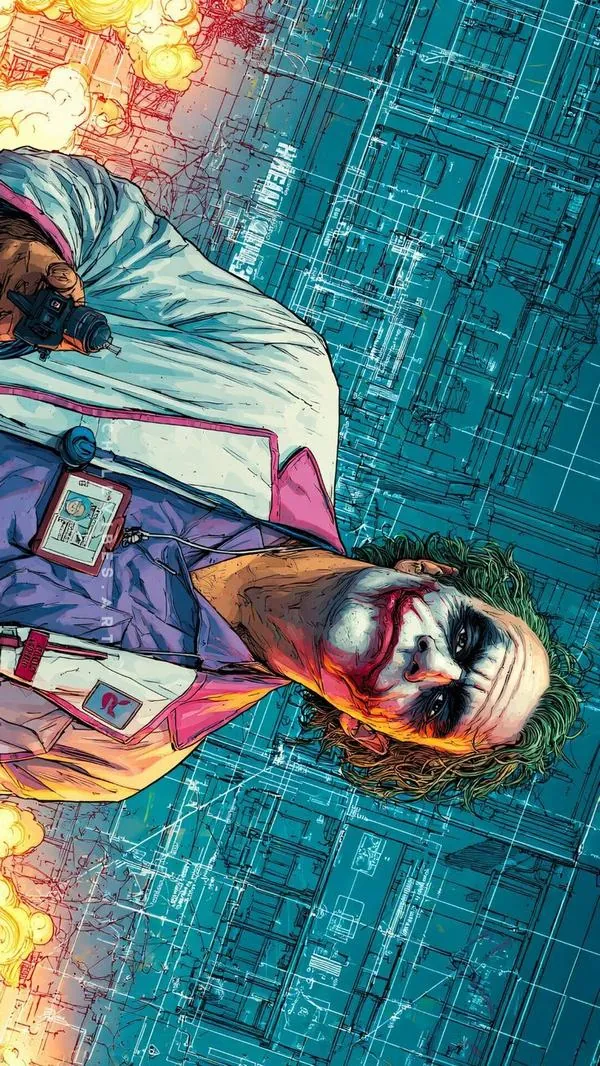 Hình nền Joker xoay nghiêng giữa nền xanh lạnh như một khung phim lệch nhịp, áo vest tím và gương mặt trắng bệch làm ảnh nền gã hề trông vừa ngầu vừa căng