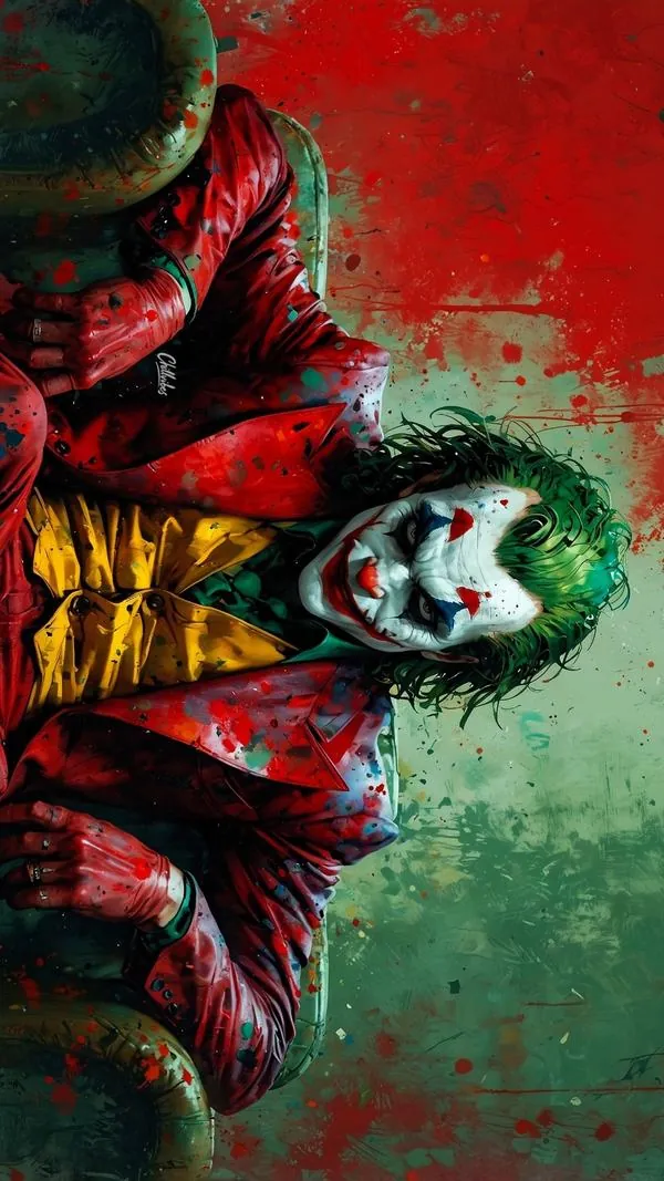 Khung cuối để Joker nằm nghiêng ngược chiều trên nền đỏ xanh loang mạnh, áo vest vàng tím và nụ cười lệch làm ảnh nền tội phạm thành phố Gotham trông dữ và rất bắt mắt