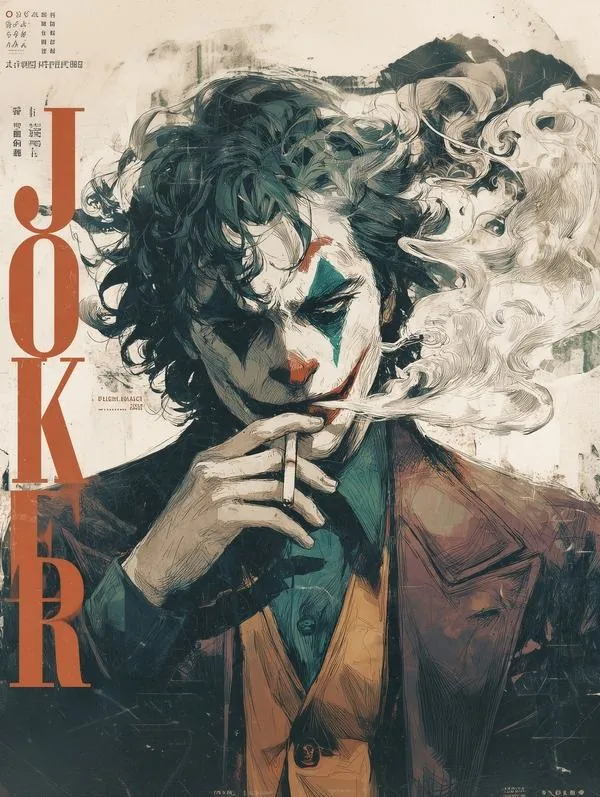 Joker đứng trên sân thượng sau cơn mưa, cà vạt bung lỏng và mái tóc dính gió, phía xa là thành phố Gotham mờ khói làm khung cảnh rộng mà vẫn rất nặng