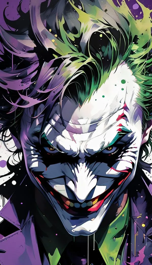 Gương mặt gã hề điên trong bản vẽ tím xanh hiện lên với nụ cười sắc và chiếc cằm nhọn, bố cục lệch cùng nét đổ bóng khiến ảnh trông như poster 3D khá bén