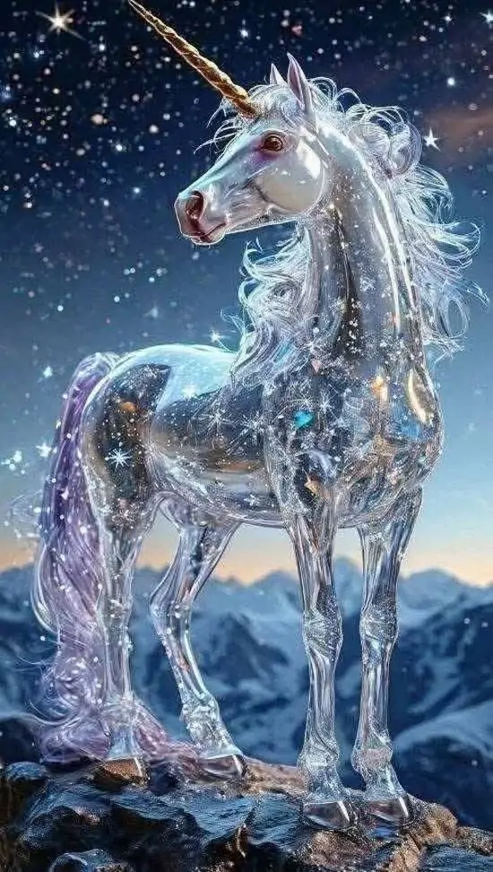 Hình nền kỳ lân pha lê đứng nghiêng trên nền tuyết xanh, chiếc sừng sáng như băng và bộ lông phản chiếu ánh sao làm khung dọc trông rất HD và lạnh trong trẻo