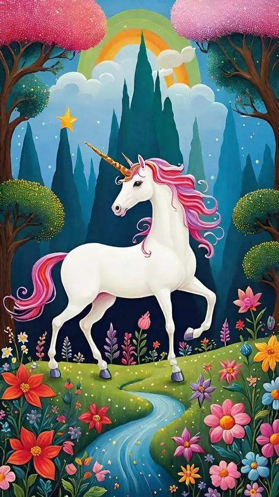 Một ngựa tiên hoạt hình màu trắng hồng bước trên con đường uốn quanh đồi hoa, chiếc bờm cầu vồng và nền trời xanh làm cả khung ảnh trông cute và vui mắt