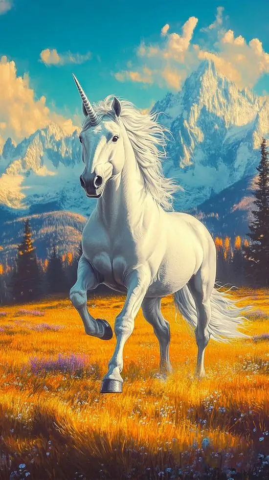 Ảnh nền đt iPhone kỳ lân trắng đứng giữa đồng cỏ vàng trước dãy núi xanh, góc chụp thấp làm đôi chân dài và bờm bay hiện lên rõ, rất HD và thoáng đãng