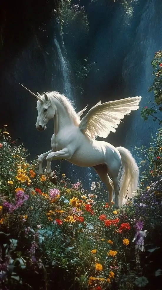 Ngựa một sừng có cánh dang rộng trong khu vườn đêm phủ hoa, thân mình phát sáng mềm trên nền xanh sẫm khiến bức ảnh dọc trông vừa thần thoại vừa dễ thương