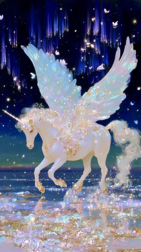 Hình nền máy tính sinh vật huyền thoại màu kem bay ngang bầu trời sao, đôi cánh sáng như tuyết rơi và lớp nước lấp lánh dưới chân làm tổng thể rất 4K