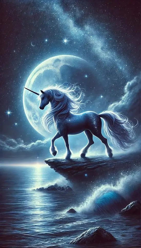 Kỳ lân đen đứng bên mép biển dưới vầng trăng tròn xanh, sóng sáng ôm quanh chân và bóng lưng cô độc tạo cảm giác ngầu nhưng vẫn sạch, gọn và rất cuốn
