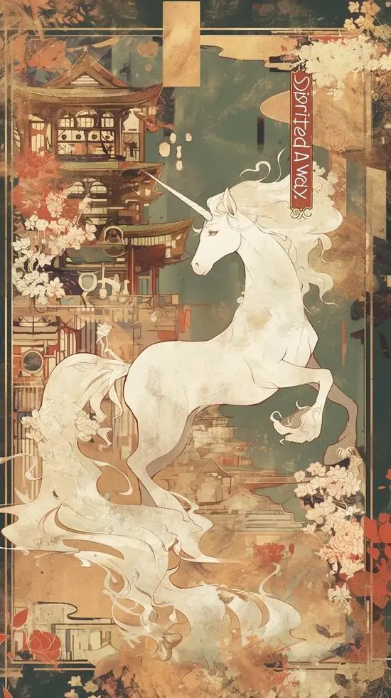 Ảnh nền dọc ngựa trắng phép thuật xoay mình trên nền tranh cổ màu nâu be, bờm và đuôi như mực loang khiến khung ảnh mang chất hoài niệm rất khác lạ