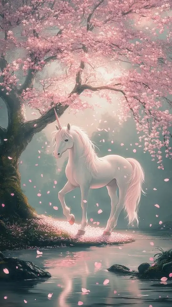 Một chú kỳ lân hồng nhạt đứng trong hồ nước dưới tán anh đào, sắc sáng phủ quanh thân và phản chiếu trên mặt nước làm bức hình đẹp theo kiểu dịu mắt