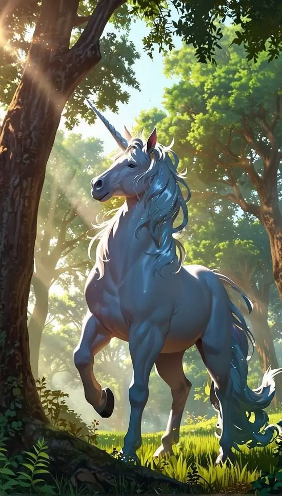 Hình nền fantasy ngựa xanh lam dựng cao hai chân giữa khoảng rừng nắng, thân cơ bắp, bờm tối và góc nhìn chéo khiến bức ảnh 3D trông mạnh và khá ngầu