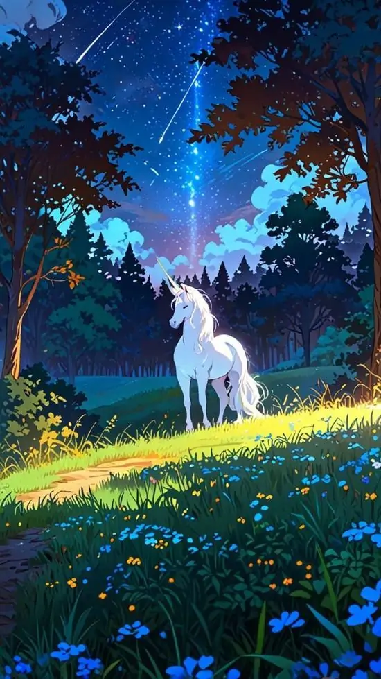Con kỳ lân trắng nhỏ đứng cuối đồng hoa xanh dưới bầu trời đêm, dải sáng phía chân trời kéo mắt nhìn sâu vào cảnh khiến khung hình yên và rất Ultra HD