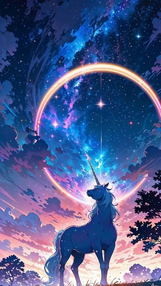 Ảnh nền màn hình khóa ngựa thần một sừng đứng trên triền cỏ trước vòng sáng tím lớn, phần sừng chĩa cao và dáng quay lưng nhẹ làm ảnh đêm trông lạ mắt
