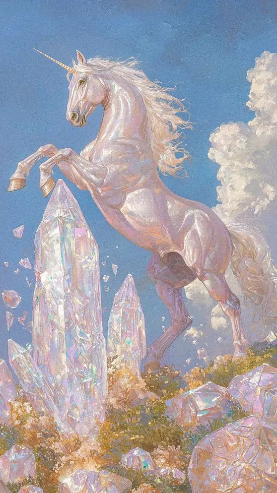 Ngựa trắng phép thuật ngẩng đầu giữa mây hồng và nắng sớm, thân mình óng ánh như phủ bụi kim tuyến, dáng chồm cao khiến bức ảnh 4K trông mềm và bay bổng