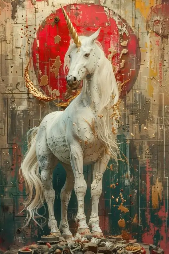 Kỳ lân trắng đứng trước nền đỏ tròn như nhật nguyệt, thân hình thanh mảnh nổi trên lớp màu cổ điển loang xước khiến bức ảnh giống tranh treo tường hơn ảnh số