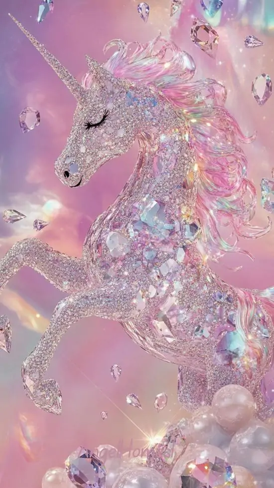 Gương mặt kỳ lân trắng ngẩng nghiêng trên nền hồng pastel phủ hạt sáng, phần bờm trong veo như thạch và đường nét mềm làm bức ảnh trông rất cute, nhẹ và mịn