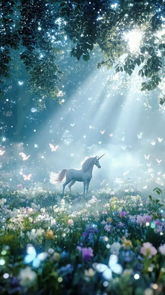 Ảnh nền thần thoại chú ngựa một sừng đứng giữa đồng hoa dưới tia nắng xiên từ tán cây, thân nhỏ giữa khoảng sáng rộng làm khung hình HD rất thoáng và yên