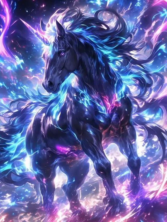 Kỳ lân tím đen lao tới giữa xoáy sáng xanh, thân hình phủ vệt điện và bờm tung mạnh khiến bức ảnh 3D mang cảm giác dữ dội, ngầu và đầy sức bật