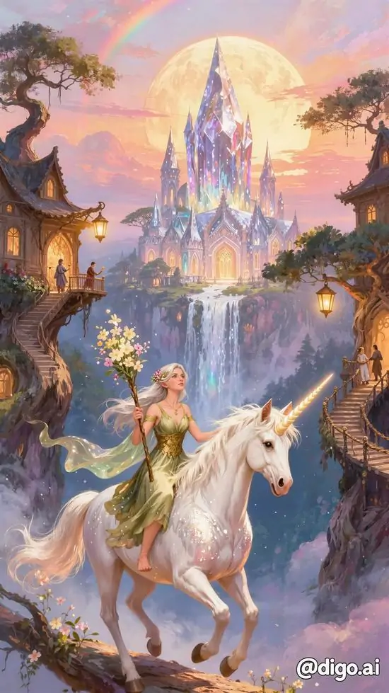 Hình nền ngựa một sừng khung cảnh lâu đài hồng mở ra phía xa, nàng thiếu nữ đứng cạnh sinh vật kỳ ảo trên lối đá làm bức tranh dọc trông thơ và sáng