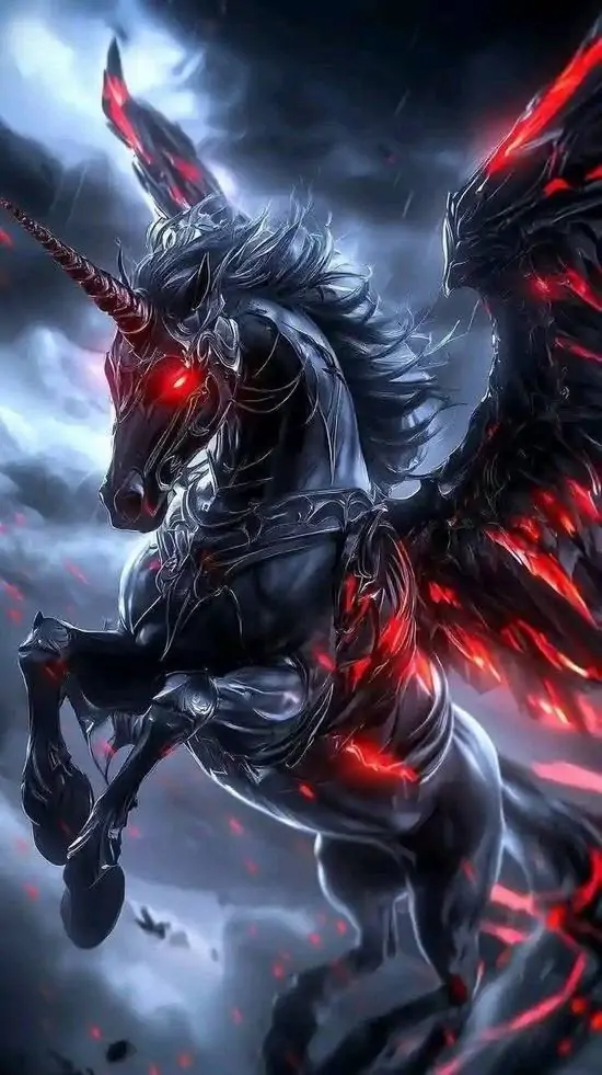 Ảnh bìa điện thoại kỳ lân đen có cánh xòe rộng giữa nền mây xám đỏ, mắt và các đường sáng trên thân phát lửa làm tổng thể trông rất ngầu và căng mạnh