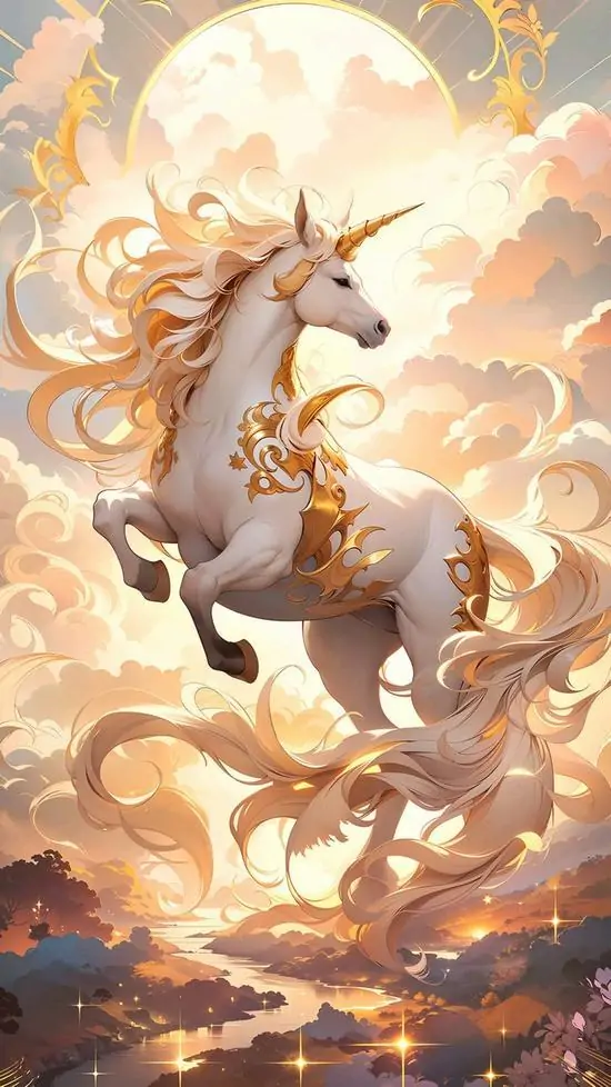 Ngựa trắng vàng dựng vó giữa mây nắng kem, bờm xoắn như lửa và nền sáng loang mềm khiến bức ảnh trông sang, rực và vẫn giữ được vẻ dễ thương vừa phải