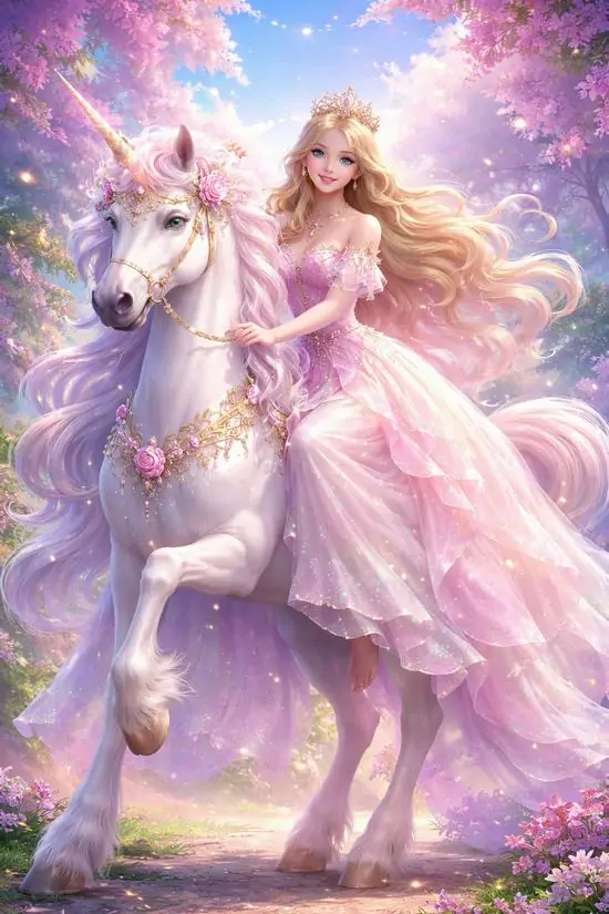 Hình nền 4K nàng tóc dài mặc váy tím ngồi trên lưng ngựa tiên trắng trong vườn hoa, ánh sáng hồng phủ quanh tóc và bờm làm khung ảnh mềm như mộng