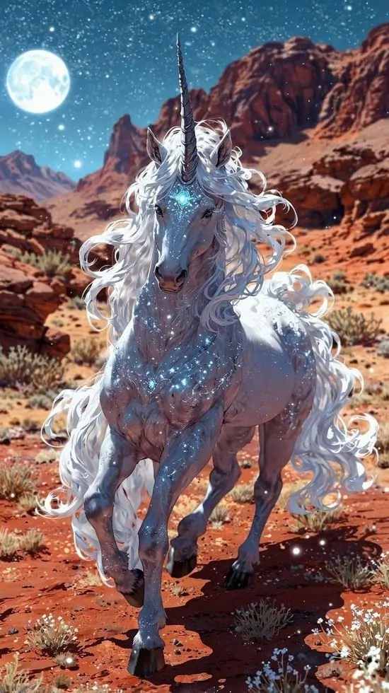 Ảnh nền ngựa một sừng phi tới trên nền đất đỏ dưới vầng trăng nhạt, bờm bạc tung ngược gió và ánh nhìn thẳng làm tổng thể vừa đẹp vừa rắn rỏi