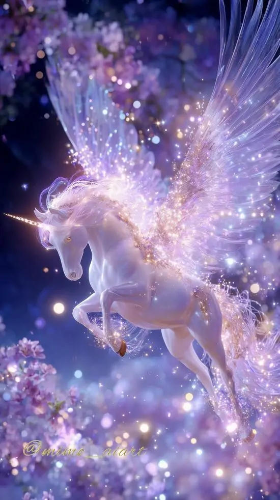 Kỳ lân trắng nhảy giữa dải ngân hà tím bạc, thân mình sáng mờ trong lớp bụi sao dày và góc chụp xa khiến bức hình dọc trông bay, lạ và rất đẹp