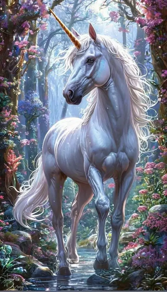 Kỳ lân trắng đứng bên mặt nước trong khu rừng phủ hoa tím, góc nhìn ngang làm thân hình thanh thoát nổi rõ, chiếc sừng dài và bờm sáng tạo cảm giác rất 3D