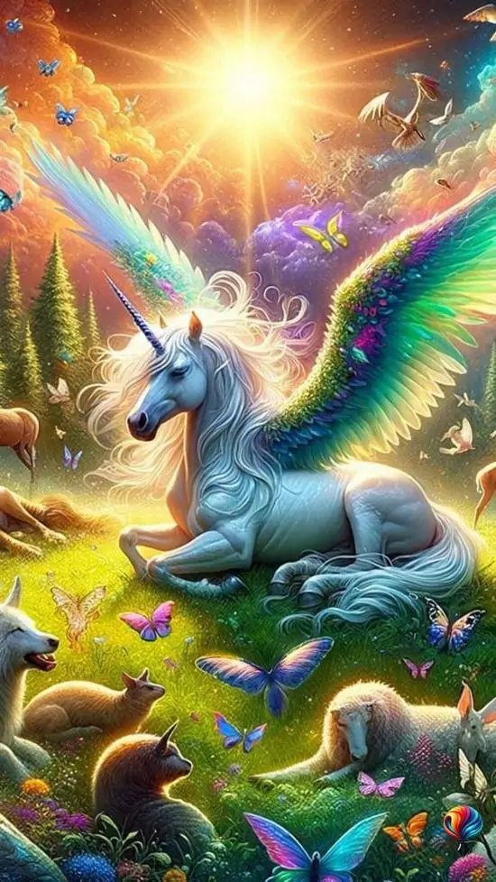 Một chú kỳ lân có cánh quỳ trên bãi cỏ rực nắng dưới cầu vồng lớn, đôi mắt to ngước lên trời và màu sắc tươi sáng làm ảnh cute như truyện cổ tích