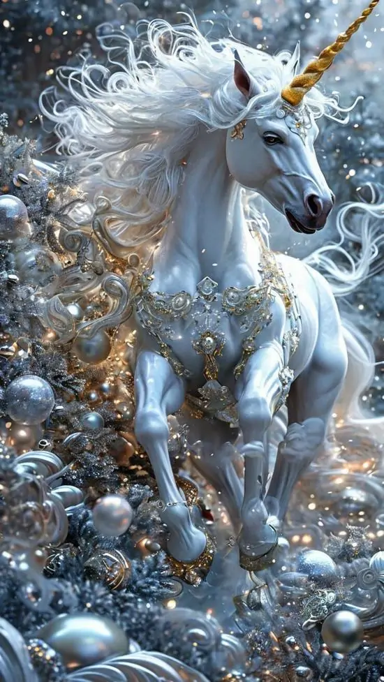 Hình nền điện thoại ngựa tiên trắng lao qua lớp bọt nước bạc, bờm xoăn dày phủ kín cổ và ánh sáng lạnh quanh chân khiến khung ảnh Ultra HD rất nổi bật