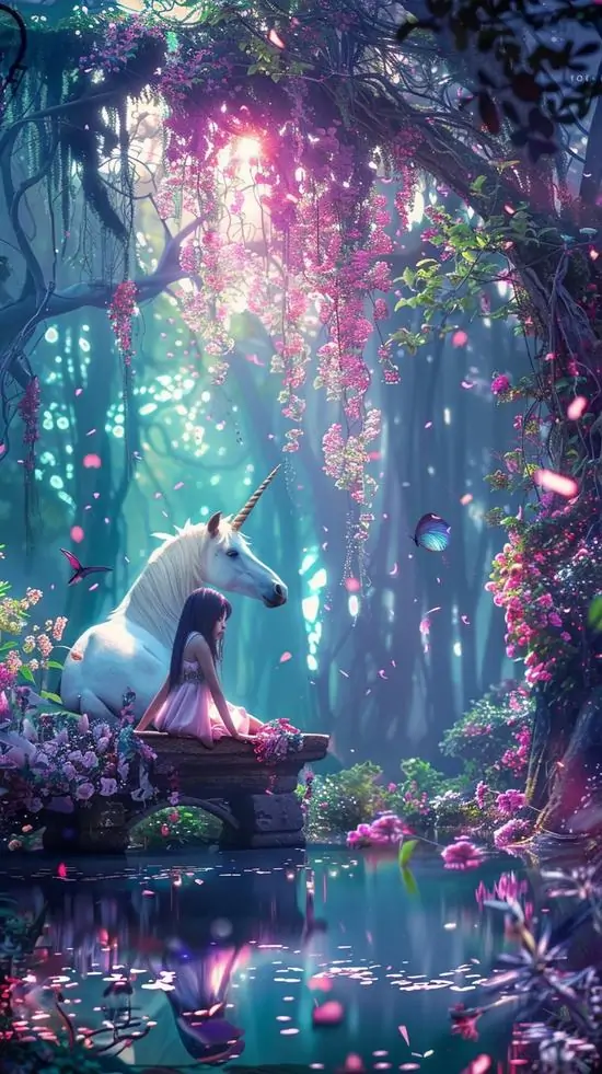 Con kỳ lân đứng lặng bên hồ tím trong rừng phát quang, bóng nước phản chiếu thân hình nhỏ gọn và vầng sáng hồng trên cao làm cảnh đêm trông êm như mơ