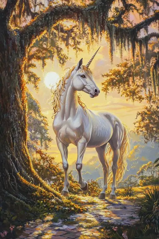 Ảnh wallpaper ngựa thần một sừng đứng giữa lối rừng vàng rực, nắng xuyên từ phía sau ôm lấy cổ và vai khiến bộ lông trắng hiện lên đẹp và ấm như tranh sơn dầu