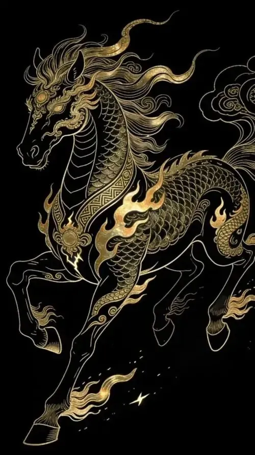 Một bức phù điêu ngựa nổi trên mảng tường vôi cũ, rêu xanh bám viền nhẹ làm khung hình có chất sống đời thường nhưng vẫn rất hợp để cầu thịnh vượng