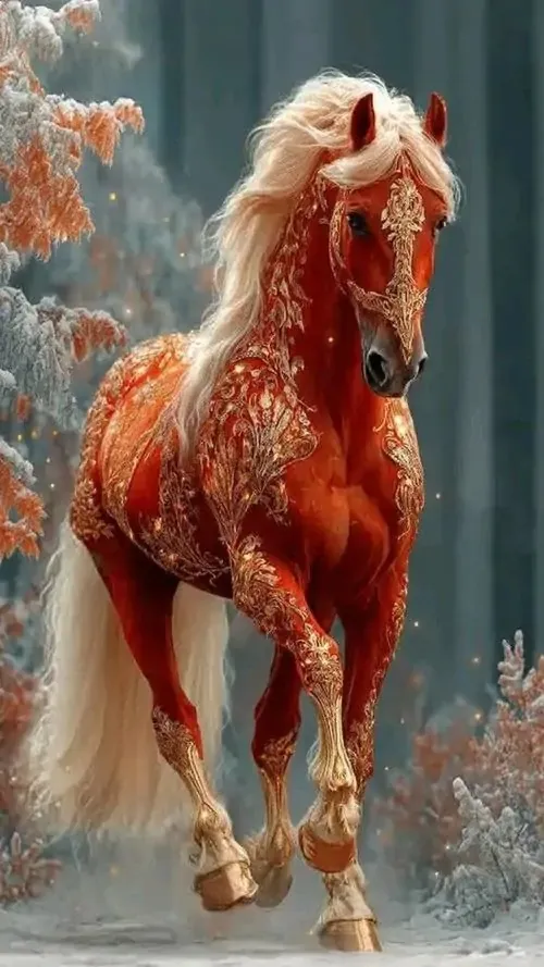 Ngựa khắc gỗ sơn son nằm trên kệ thờ nhỏ, vân gỗ hiện rõ dưới lớp bóng khiến bức ảnh vừa mộc vừa ấm, hợp người thích nét tâm linh kín đáo