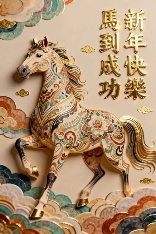 Một con ngựa thêu chỉ vàng trên nền vải chàm được trải phẳng dưới ánh đèn, từng đường kim mảnh làm khung ảnh 3D nhẹ mắt và mang hơi thở phong thủy riêng