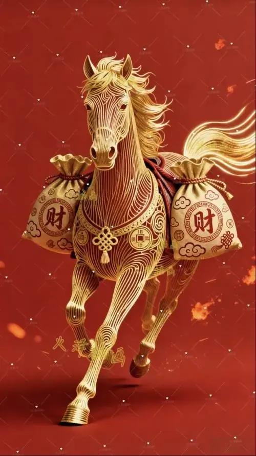 Trên nền cát vàng của sa mạc, vó ngựa in thành một hàng dài dẫn về ốc đảo xa, bố cục này gợi ý chí bền bỉ và tài lộc đến chậm mà chắc