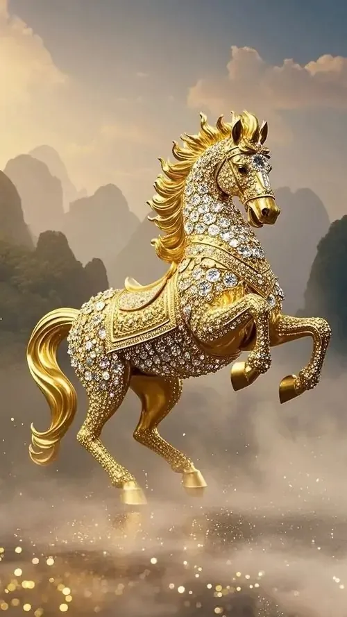 Chú ngựa thổ cẩm xuất hiện giữa phiên chợ vùng cao, vải trang trí sặc sỡ phủ lưng và dây cương đỏ làm khung hình rất vui, hợp người tuổi Ngọ thích nguồn năng lượng sáng