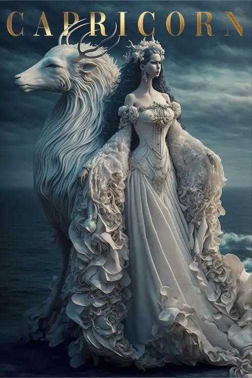 Bức minh họa bằng mực kim tuyến vẽ biểu tượng Capricorn ngay giữa ruộng bậc thang mùa khô, cảnh nền không hề bay bổng mà thiên về lao động, sự bền bỉ và vẻ đẹp rất thực của Ma Kết