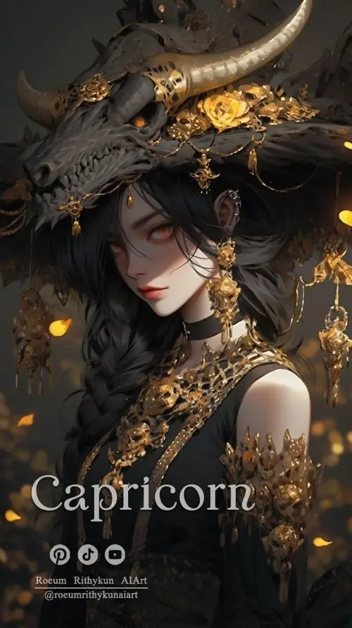 Một khung ảnh chụp người mẫu nữ trong áo khoác dạ xám đứng cạnh lan can sắt lúc trời vừa tối, huy hiệu dê biển cài nơi ve áo làm liên tưởng đến Ma Kết theo hướng lịch lãm và kín đáo