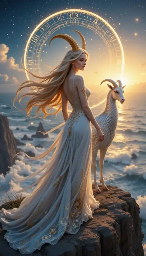 Một bức ảnh chụp góc thư viện với thang gỗ, sách bìa tối và bản đồ sao trải rộng trên bàn, ký hiệu Ma Kết đặt nhỏ ở gáy sách khiến tổng thể hợp người thích không khí học thuật và cẩn trọng