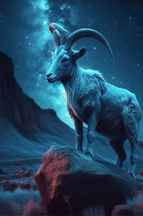 Cảnh chụp ngoài trời cho thấy tấm biển gỗ khắc đầu dê treo trước cabin giữa rừng thông, sương sớm làm màu xanh xám dịu lại và khiến chủ đề Ma Kết gần với nhịp nghỉ đông hơn mọi kiểu ảnh rực