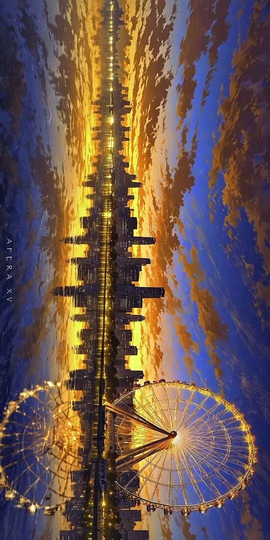 Vòng đu quay rực vàng bên mặt nước phản chiếu ánh đèn, bầu trời tím xanh lúc chạng vạng làm cảnh thành phố này trông vui mắt và khá ngầu