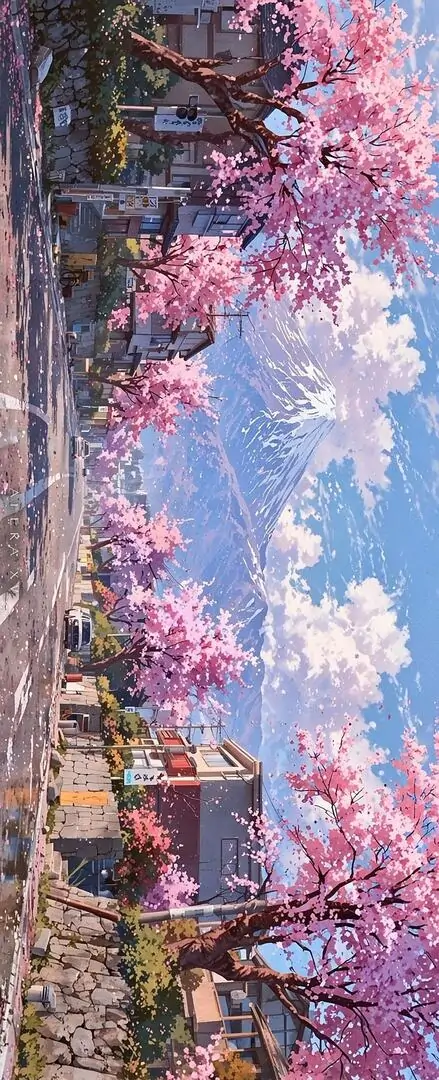 Ảnh nền đt Iphone lối đi gỗ bên hồ được phủ đầy hoa anh đào, nền trời xanh nhạt và mặt nước lặng làm cả khung hình mang vẻ dịu dàng của ảnh nền thiên nhiên