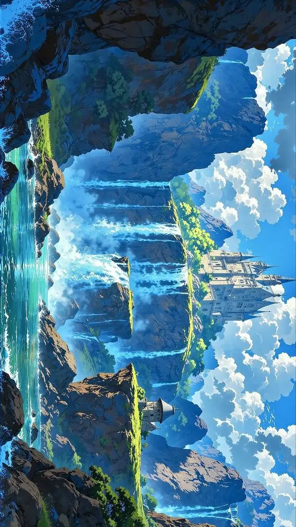 Thác nước tầng tầng đổ giữa vách đá xanh lam, mây trắng và sương mỏng bao quanh khiến cảnh núi nước này trông như tranh 3D nhưng vẫn rất mềm mắt