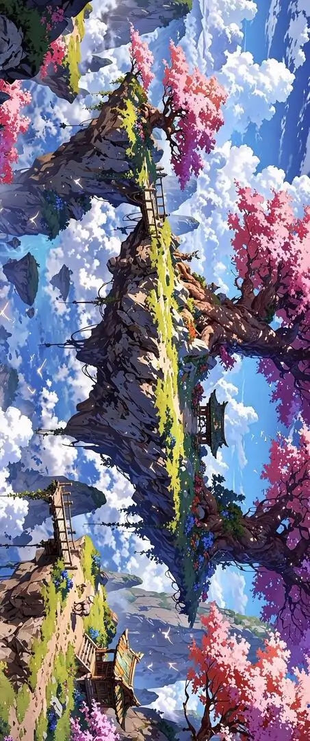 Hình nền dọc ngôi nhà gỗ nằm giữa vườn hoa rực màu hồng tím, núi tuyết và hồ nước phía xa làm bố cục này lên máy vừa sáng vừa giàu không gian