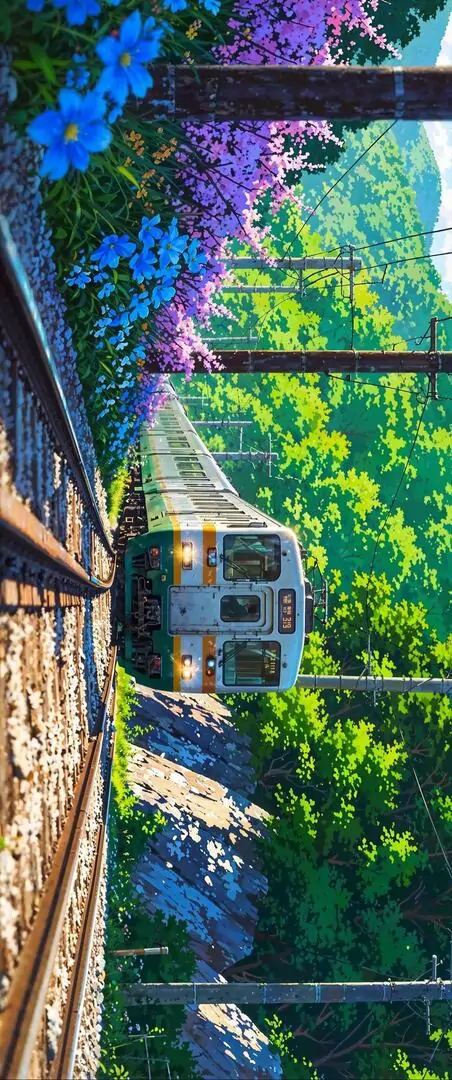 Hiên nhà nhìn ra khu vườn xanh ngập nắng, cửa gỗ mở rộng và bụi hoa tím hồng phía ngoài khiến ảnh nền phong cảnh mang cảm giác sống chậm rất rõ