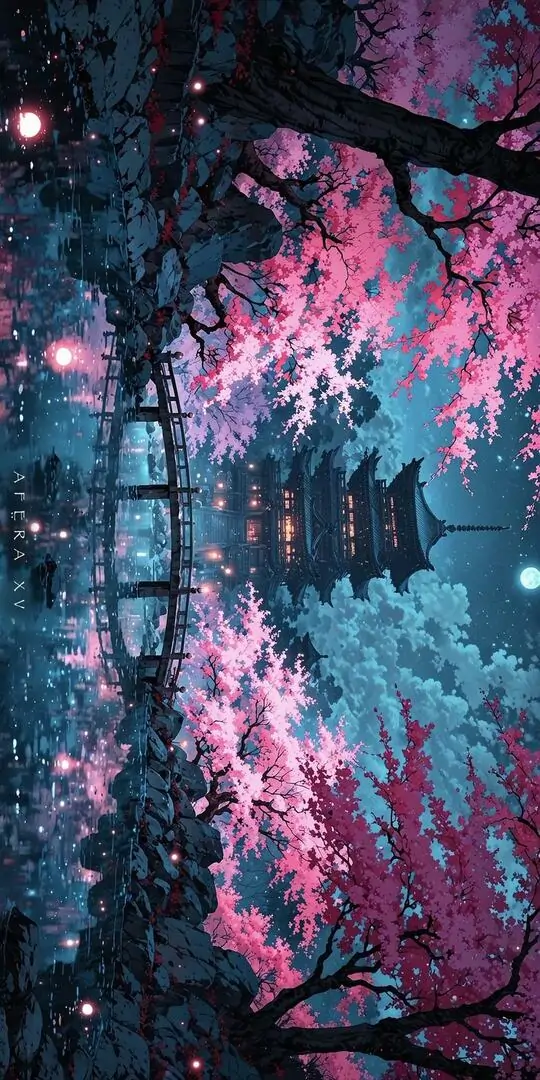 Ảnh nền máy tính mặt hồ tối phản chiếu cây và hoa anh đào, ngôi chùa xa mờ trong sương tím làm cảnh đêm này đẹp theo kiểu lặng và rất hợp ảnh nền ngoại cảnh